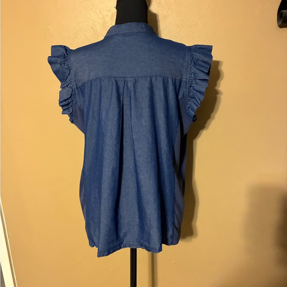 Women's Blue Ruffle Sleeve Button-Front Top - Picture 3 of 5